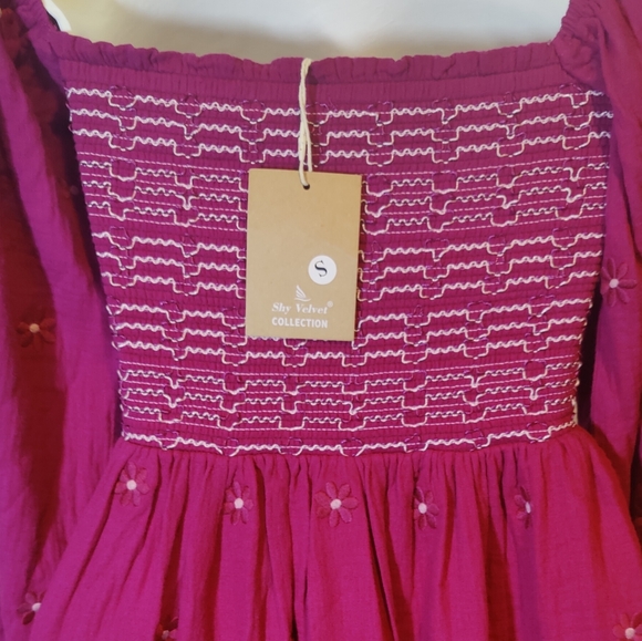 Shy Velvet Women's Summer Dress - Long Sleeve Square Neck Embroidered maxi dress - Picture 7 of 8